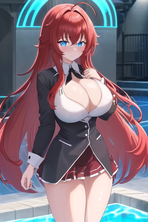  ,,blushing,g cup,,masterpiece, best quality, 1women, long red hair, looking at viewer, :3, cute, black uniform, outdoors, streets, cow shot, curvy, (((blue eyes))), rias gremory, red hair, antenna hair, wavy hair, ((beautiful detailed eyes, beautiful detailed glow, lots of glow)), anime screencap,women at pool, compeion , black , masterpiece, best quality, high quality, solo