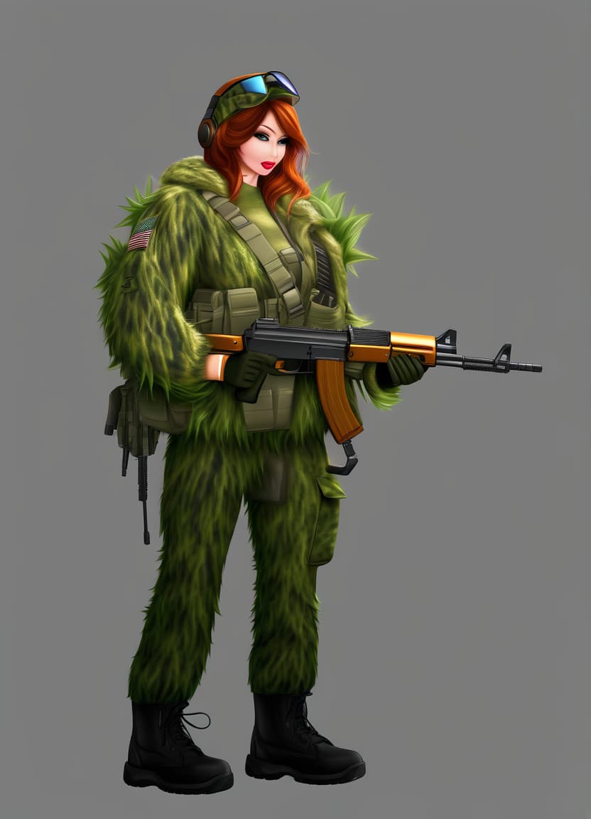  please make detailed render of women in camouflage suit