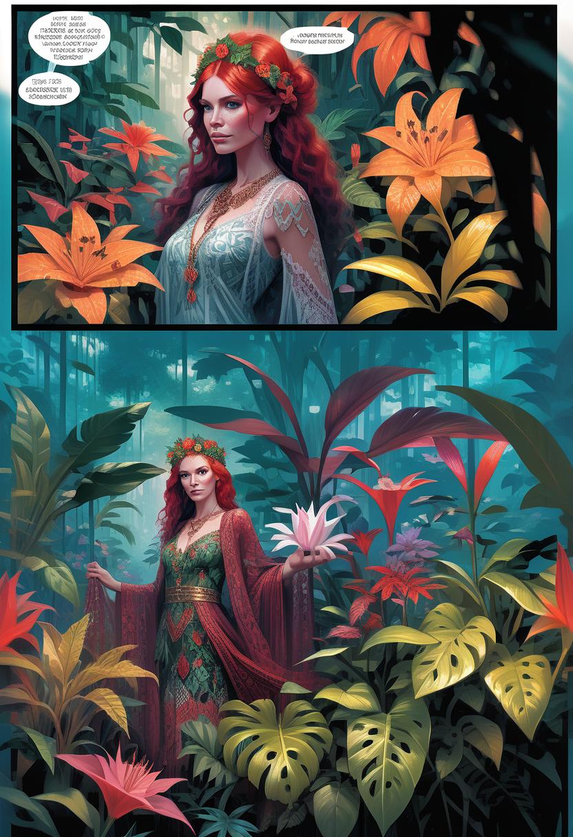  portrait of beautiful red haired bohemian queen wearing red colour lace surrounded by jungle plants and flowers art by mike mayhew and mark brooks and ross tran 8k resolution