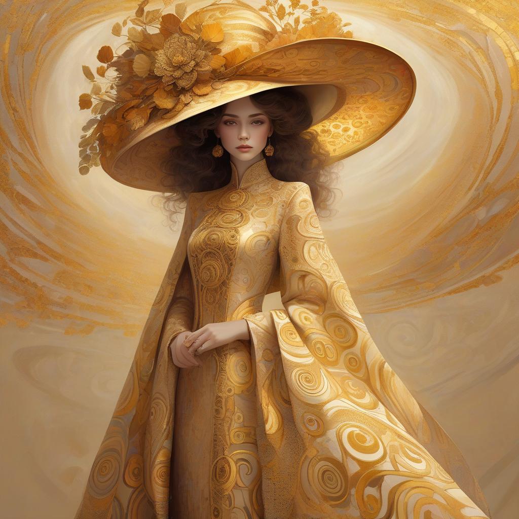  concept art a woman with large, ornate hat and detailed garment in a style reminiscent of gustav klimt's artwork, featuring golden swirls and patterns. woman with a big elegant hat and modest dress with different colours style klimt. warm colours. . digital artwork, illustrative, painterly, matte painting, highly detailed