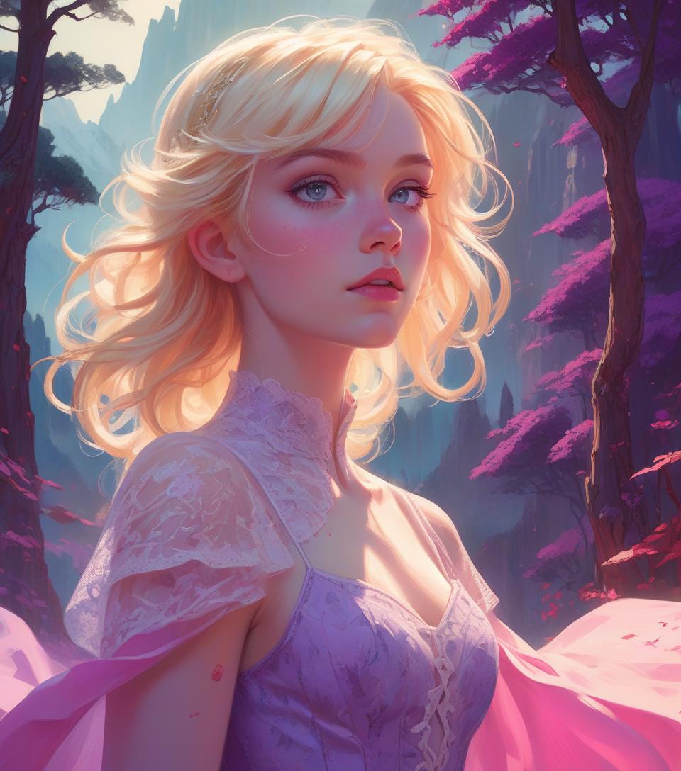  highly detailed fantasy book cover of a pale blonde young maiden looking away, slender, beautiful, freckles, purple pink chaotic magic, intricate gauzy lacy victorian regency gown, bright vibrant detailed expansive backdrop of mountain and forest, elf fae, perfect composition, realistic face, intricate details, frank frazetta, alphonse mucha, character design, dynamic post, action pose, wlop, kuvshinov, unique, 4k, digital painting, vibrant color grading, epic fantasy, dramatic angle, extreme angle shot