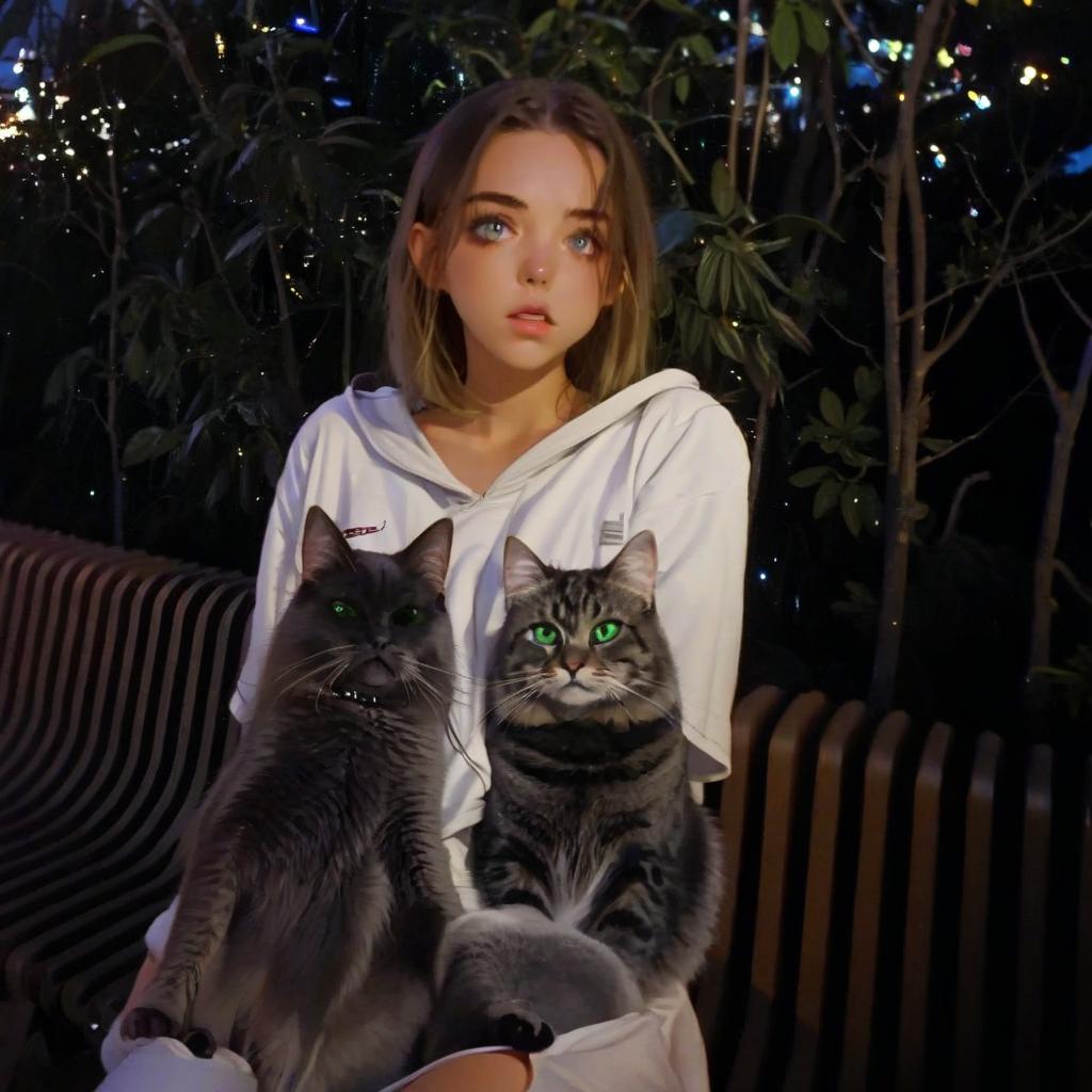  girl with dark green eyes, two cats, space, idol music