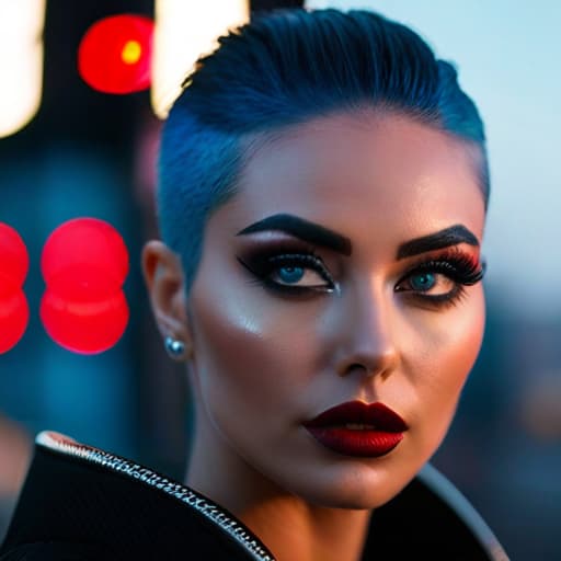  ultra realistic close up portrait ((beautiful pale cyberpunk female with heavy black eyeliner)), blue eyes, shaved side haircut, hyper detail, cinematic lighting, magic neon, dark red city, canon eos r3, nikon, f/1.4, iso 200, 1/160s, 8k, raw, unedited, symmetrical balance, in frame, 8k hyperrealistic, full body, detailed clothing, highly detailed, cinematic lighting, stunningly beautiful, intricate, sharp focus, f/1. 8, 85mm, (centered image composition), (professionally color graded), ((bright soft diffused light)), volumetric fog, trending on instagram, trending on tumblr, HDR 4K, 8K