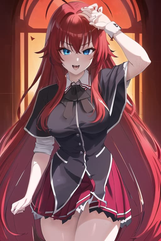  vampire,masterpiece, best quality, 1women, long red hair, looking at viewer, :3, cute, black school uniform, outdoors, streets, cowboy shot, curvy, (((blue eyes))), rias gremory, red hair, antenna hair, wavy hair, ((beautiful detailed eyes, beautiful detailed glow, lots of glow)), anime screencap,(vampire:1.2), dark hair, masterpiece, best quality, high quality, solo