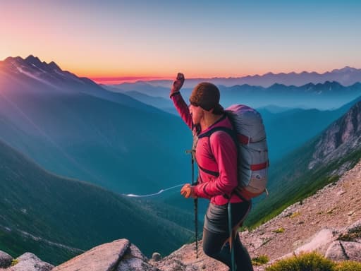  thumbnail, travel vlog, traveler, mountain hike, sunrise, scenic view, captivating, adventurous, vibrant colors, clear sky