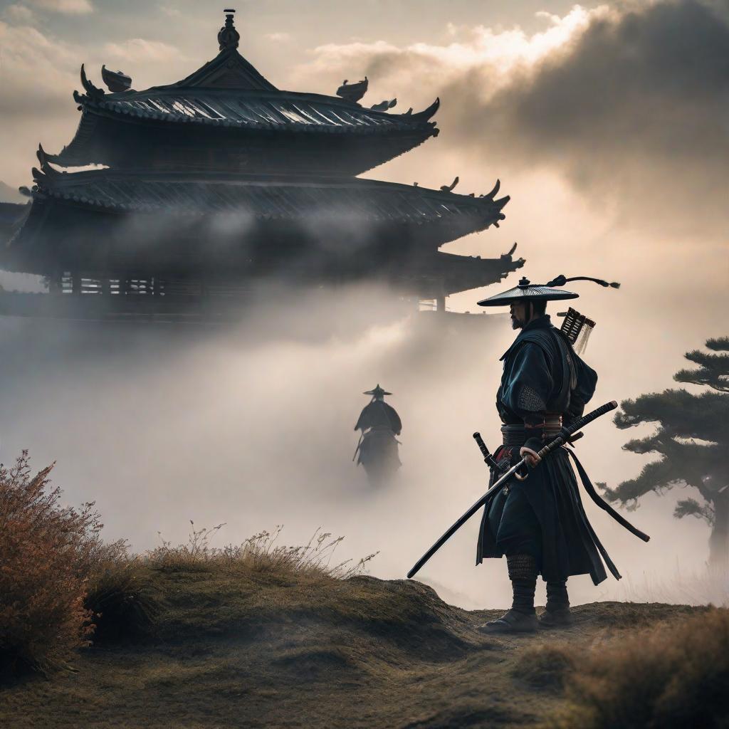  swirling mist surrounding the samurai as he stands with the ghostly spirit beside him, symbolizing their connection and shared purpose hyperrealistic, full body, detailed clothing, highly detailed, cinematic lighting, stunningly beautiful, intricate, sharp focus, f/1. 8, 85mm, (centered image composition), (professionally color graded), ((bright soft diffused light)), volumetric fog, trending on instagram, trending on tumblr, HDR 4K, 8K