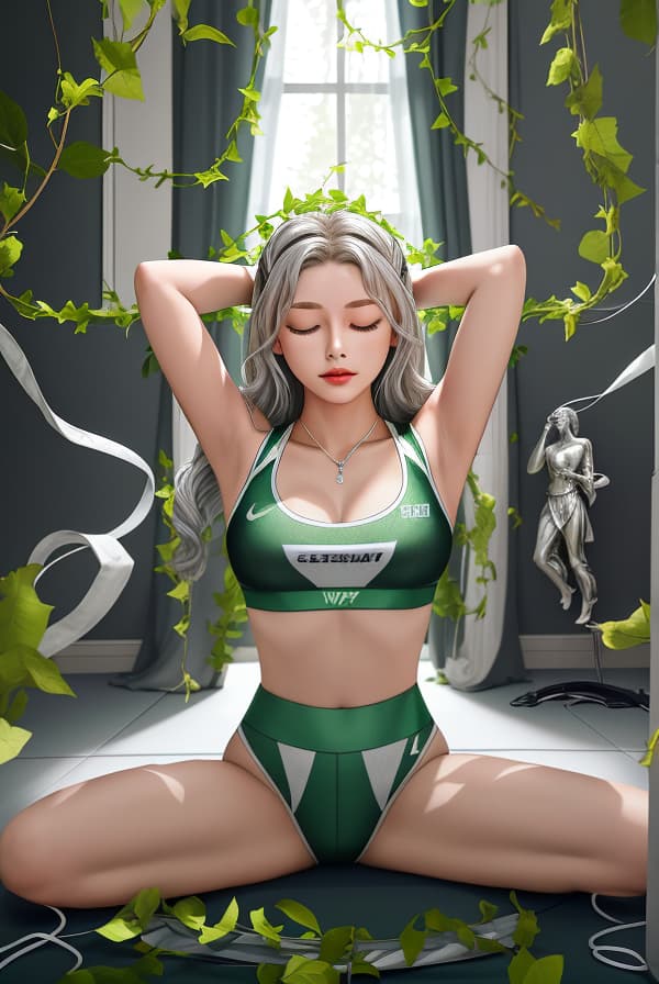  masterpiece, best quality, a silver statue of a in sports wear was trapped inside a room full of green vine like wires, closed eyes, s, midriff