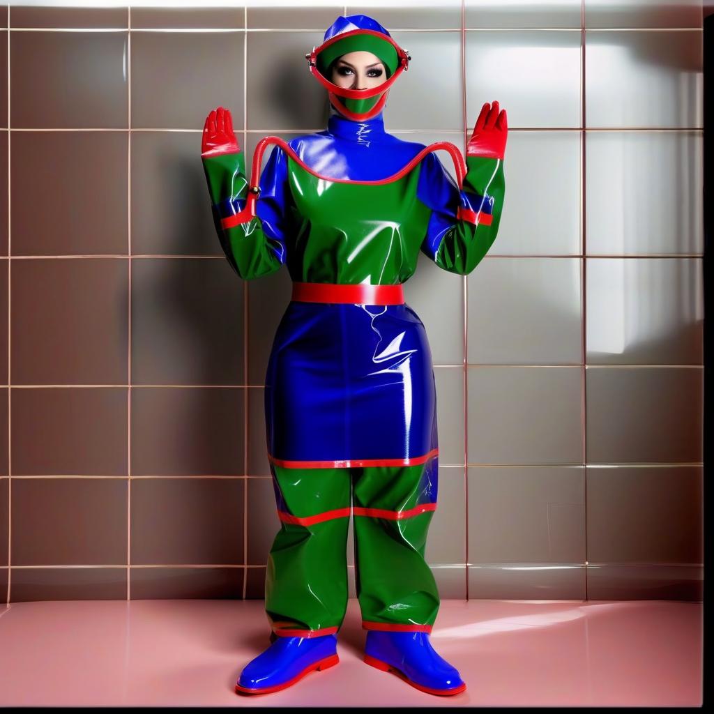  "hyperdetalisation, woman, mistress surgeon, in dressed three color surgical suit, made of glossy latex, standing alone, full length, front view, full face, dressed in, surgical gown, knee length, with elastic waistband, long sleeves, with elastic cuffs, upper part of surgical gown, (from collar to waist), glossy latex dark green, belt at waist, glossy latex red, lower part of surgical gown, (from hem to waist), glossy latex dark blue, in the center of the surgical gown there is an emblem in the form of surgical forceps "burdizzo", upper part of sleeve, (from shoulder to elbow), glossy latex dark blue, lower part of sleeve, (from elbow to cuff), glossy latex dark green, cuffs on sleeve, glossy latex red, (bib with collar), made of glossy d