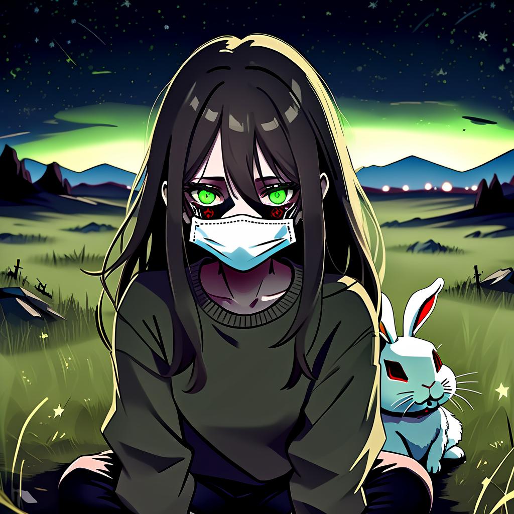  dystopian style the girl in the anime style with long dark hair with hair stands in the middle of the field at night wearing a khaki sweater and pants on the floor of the face mask covering the part of the face on the right white rabbit in blood is not visible due to the mask of one eye the second eye green. the girl looks at the starry sky at night with black lower eyelids under the eyes of a specific color full of fear of the unknown and curiosity. she pulls her hand up towards the night sky. . bleak, post apocalyptic, somber, dramatic, highly detailed