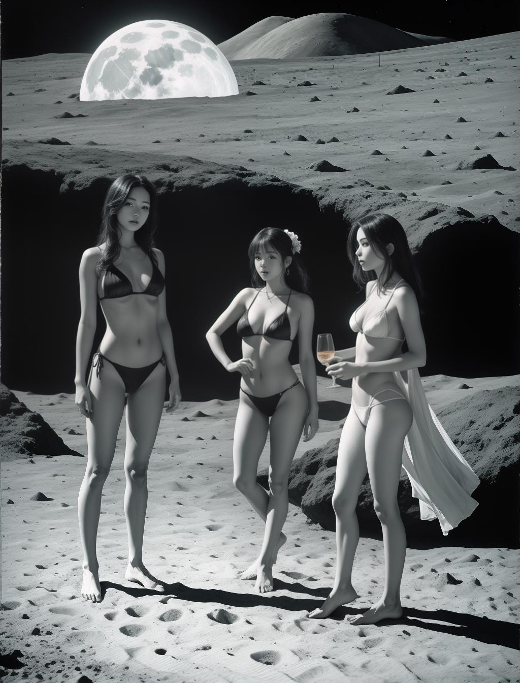  on the moon, a beach party at the moon’s best crater beach with the scantily clad party babygirls. earth in the sky overhead.