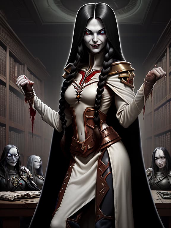  eldar female from warhammer 40000, long black hair gathered in a braid, hands hidden behind her back, evil smile, brown eyes, white robe, library on the background, dark , creepy , blood , monsters , by jason engle , carlos huante , charlie bowater , simon lee , brom