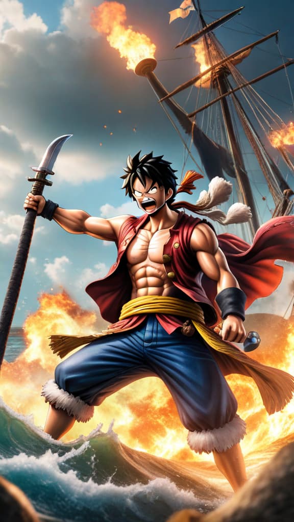  anime art: luffy showcases his advanced conqueror's haki against blackbeard, setting the stage for an epic showdown. hyperrealistic, full body, detailed clothing, highly detailed, cinematic lighting, stunningly beautiful, intricate, sharp focus, f/1. 8, 85mm, (centered image composition), (professionally color graded), ((bright soft diffused light)), volumetric fog, trending on instagram, trending on tumblr, HDR 4K, 8K