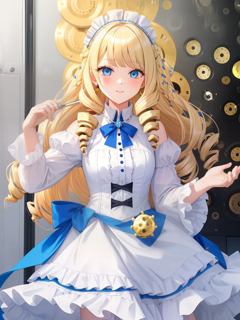  ((drilled hair:1.4)){cute girl,blonde hair,blue eyes,((drilled hair:1.4)),wearing white frilly dress},super detailed,high resolution,absurd,adopted,