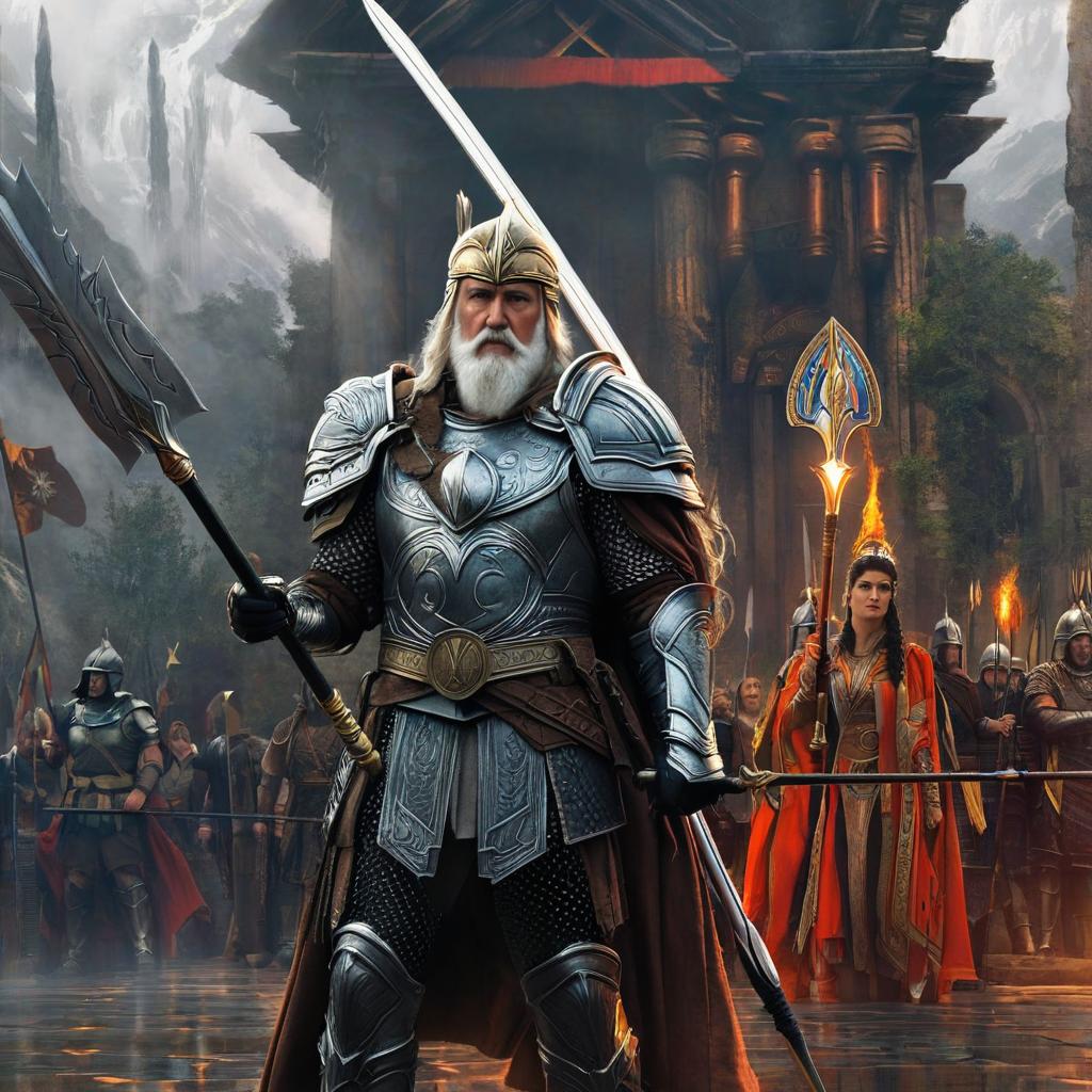  concept art odin and athena spear. digital artwork, illustrative, painterly, matte painting, highly detailed