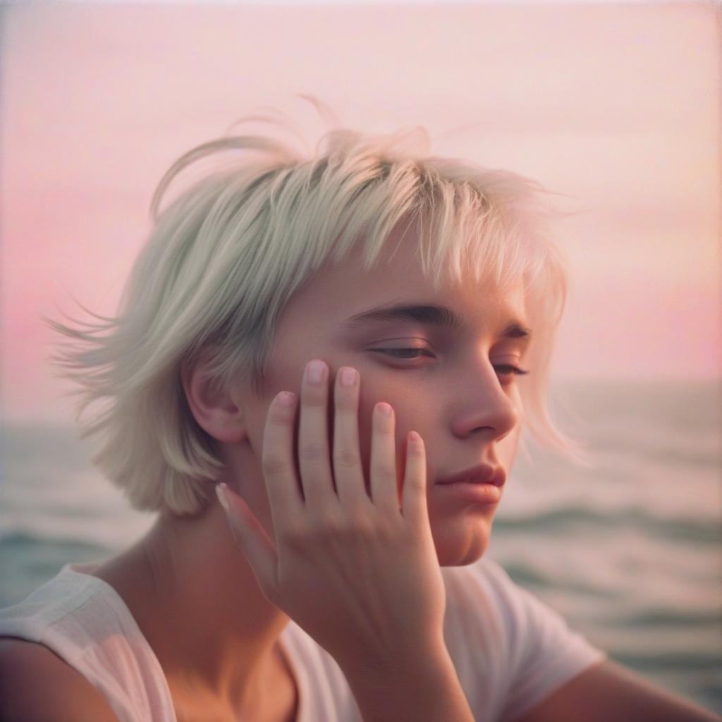  analog film photo a girl platinum blonde with short hair touches the face of a blonde guy, in the background the sea, sunset, pink and white shades, clouds, light fog, sunny day. . faded film, desaturated, 35mm photo, grainy, vignette, vintage, kodachrome, lomography, stained, highly detailed, found footage