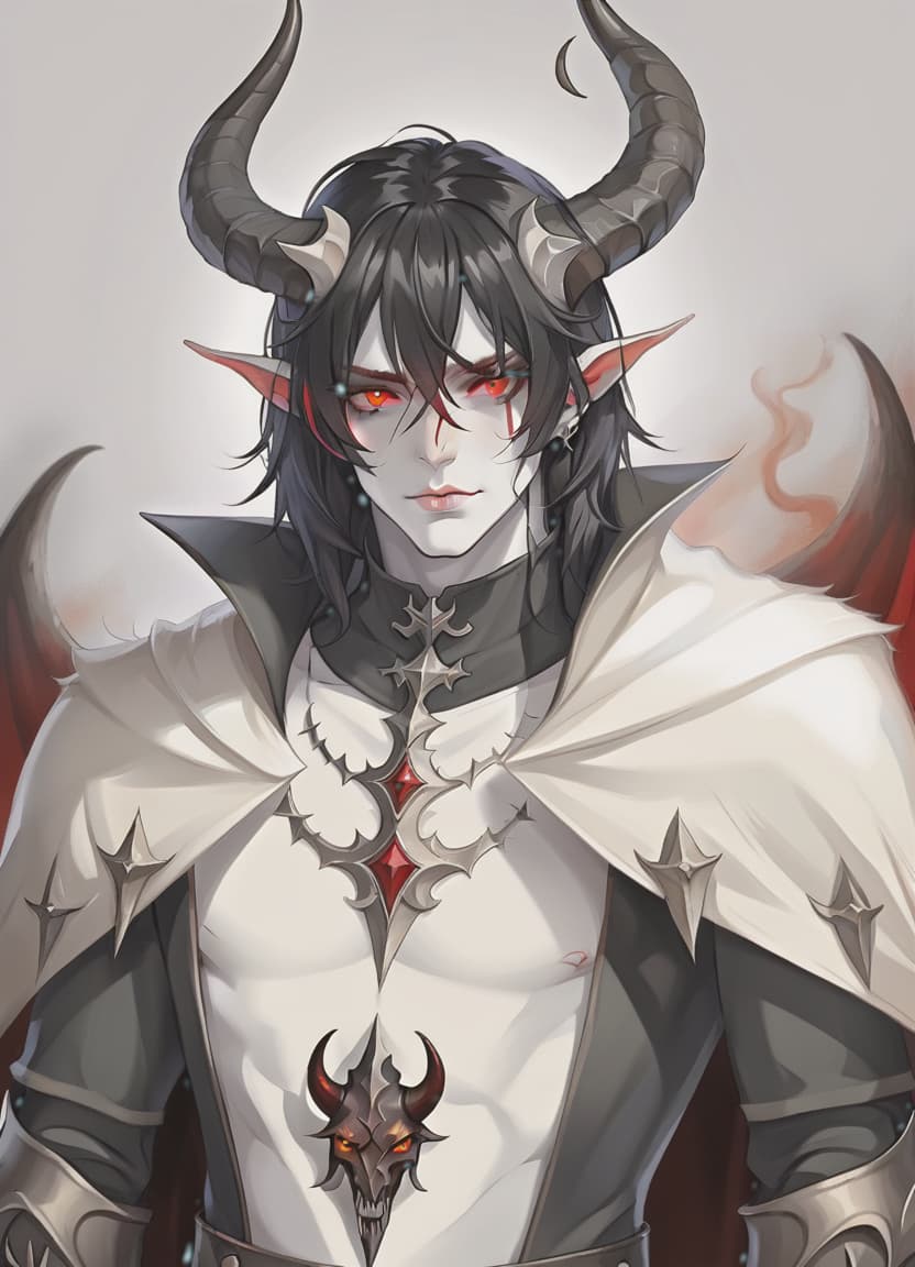  breathtaking man demon, white skin, red eyes, black hair, white horns, medieval warm black clothing . award winning, professional, highly detailed