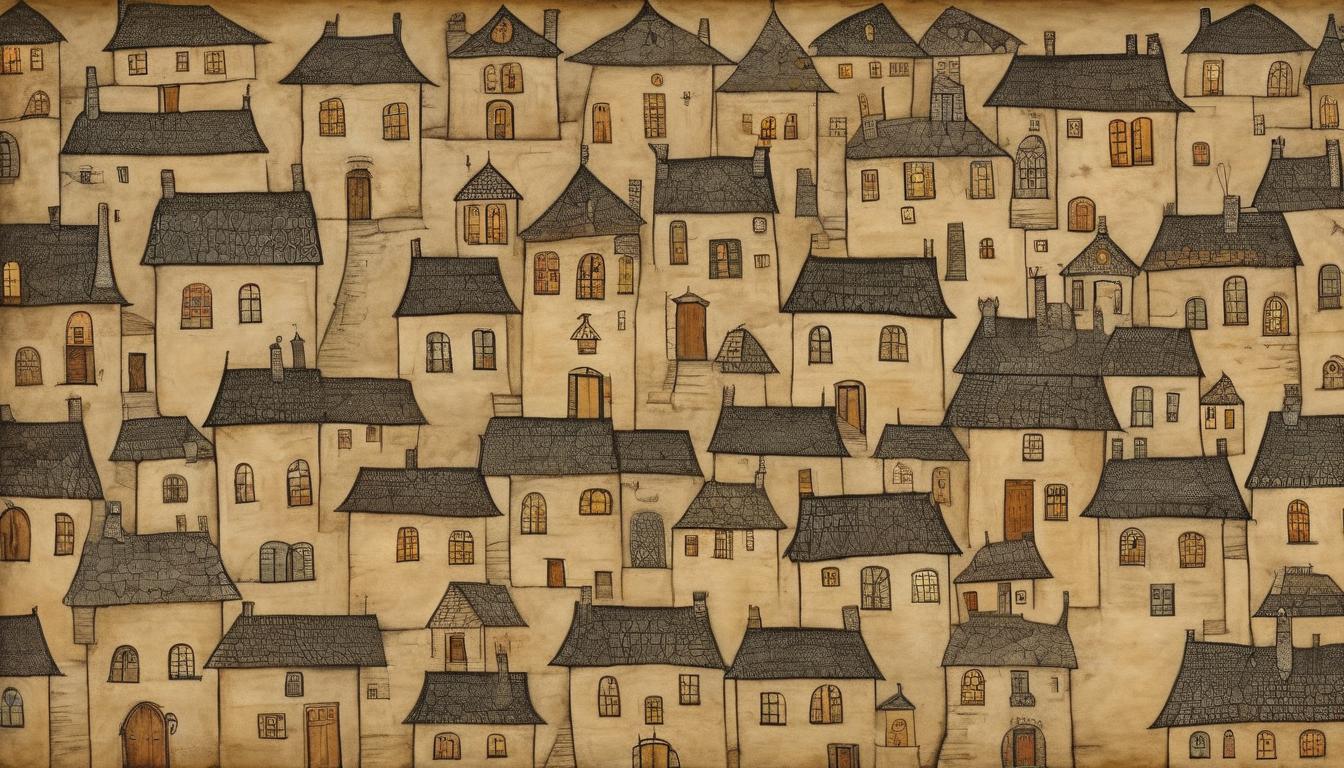  on parchment, surrealism++, rows of quaint houses, neatly aligned, lights in windows emit a warm glow, peaceful yet confining(mysterious, provocative, symbolic)++