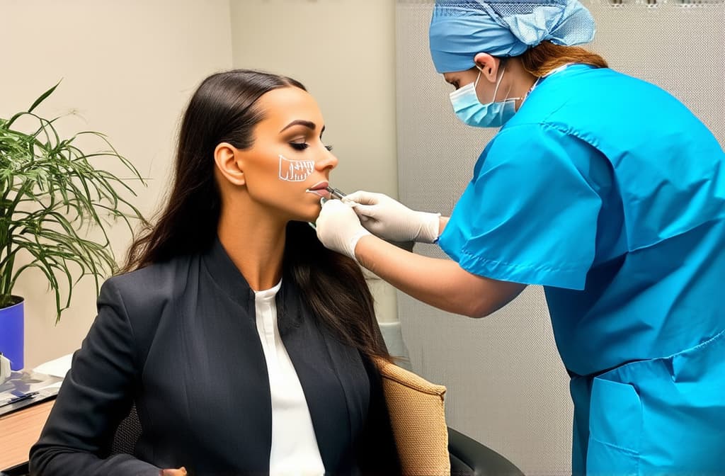  a woman sits in a plastic surgeon's office and gets markings done on her face ar 3:2 {prompt}, maximum details