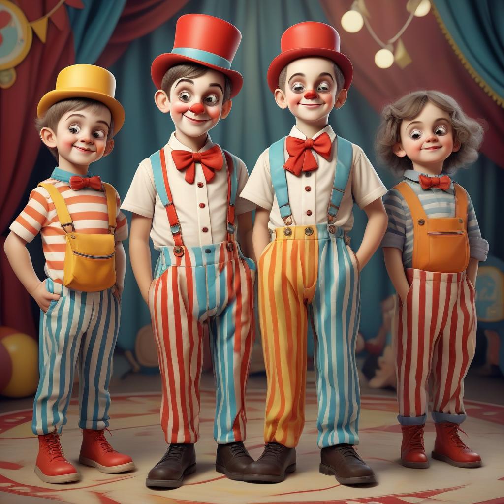  a circus man who is musical, funny, friendly with children. the clothes are bright, with large pockets. striped pants. construction bag with pockets