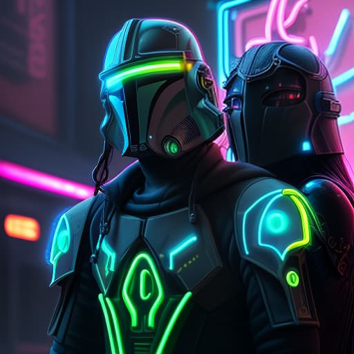  mandalorian with a girl., ((cinematic lighting)), (glowing), ((dramatic lighting)), ((beautiful detailed glow)), intricate detail, lens flare, backlighting, (neon lights:1.6)