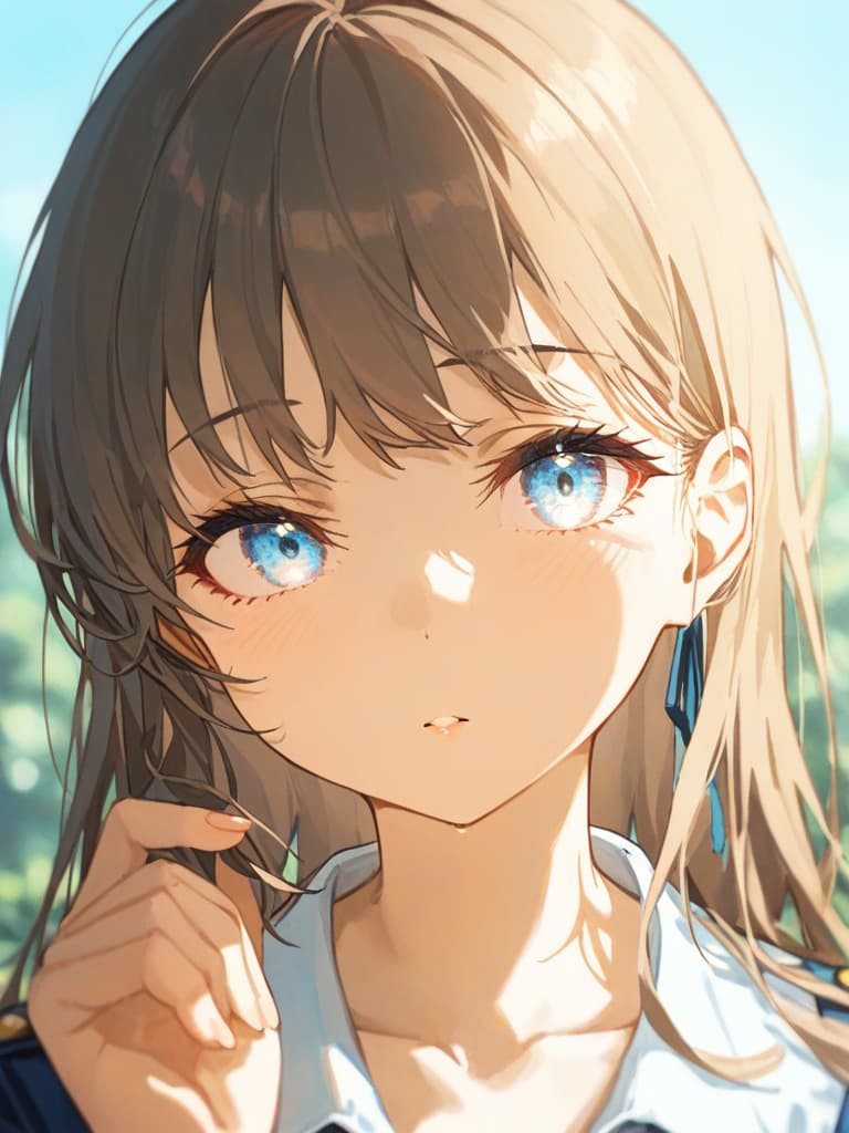  light brown hair girl, expressionless, uniform, animation style, white eyes, blue ribbon uniform, sleepy eyes, masterpiece, best quality,8k,ultra detailed,high resolution,an extremely delicate and beautiful,hyper detail