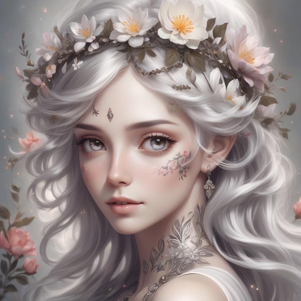  a fantasy illustration of a woman with floral adornments and wavy silver hair, exuding a magical, ethereal aura. a photorealistic portrait of a woman with silver hair and a delicate flower crown adorned with small, intricate gears. her eyes are a deep brown, and her skin is flawless, with a hint of blush on her cheeks. she has a small, delicate tattoo of a flower on her cheek. she is wearing a simple, elegant white dress