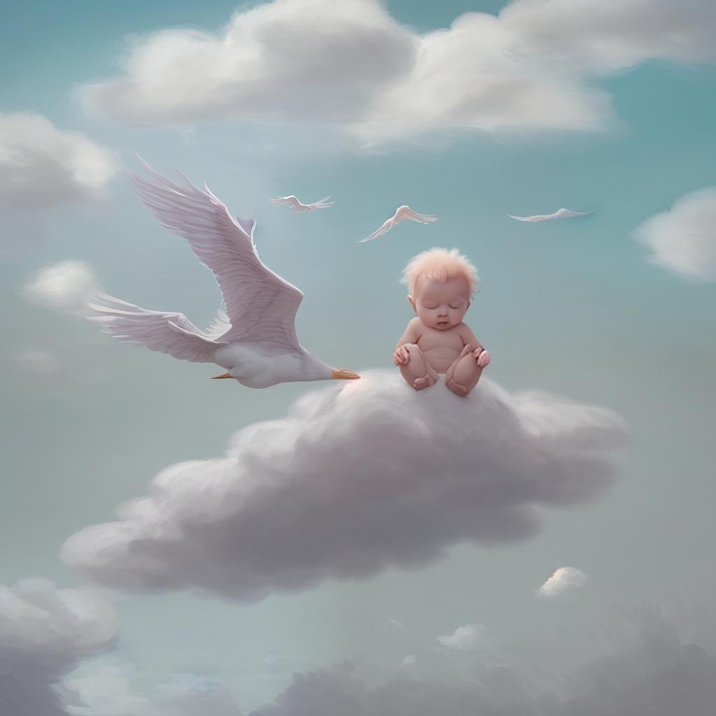  design a soft, pastel colored background with gentle clouds, storks, and floating baby items.