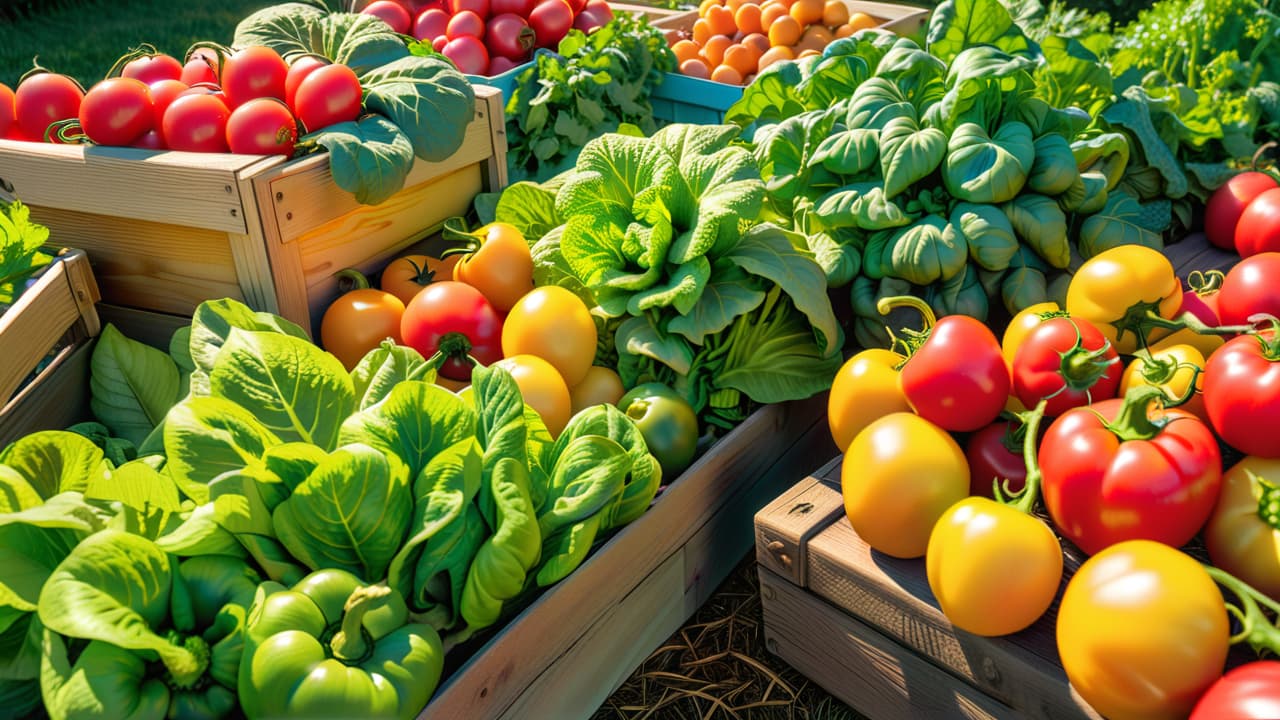  a vibrant garden bed brimming with lush green lettuce, plump tomatoes, bright yellow bell peppers, and fragrant basil, surrounded by rustic wooden stakes and tools, under a clear blue sky with soft sunlight. hyperrealistic, full body, detailed clothing, highly detailed, cinematic lighting, stunningly beautiful, intricate, sharp focus, f/1. 8, 85mm, (centered image composition), (professionally color graded), ((bright soft diffused light)), volumetric fog, trending on instagram, trending on tumblr, HDR 4K, 8K