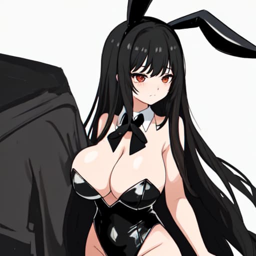  Long black hair, black bunny suit, big breasts