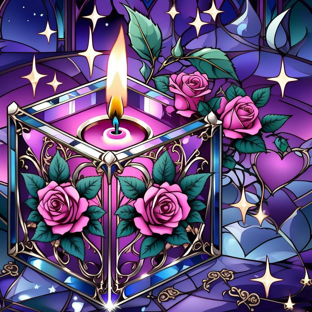  gothic style (background):colour:violet blue. (background decoration):silver frames in the shape of hearts and gold fancy stars. (centre):glass square pink candlestick and lighter decorated with fancy roses. (rose colour):pink, dark pink, with cream border. (leaf colour):dark green, green blue, light green. (style):fantasy, fantasy art design, jewellery, interior. . dark, mysterious, haunting, dramatic, ornate, detailed