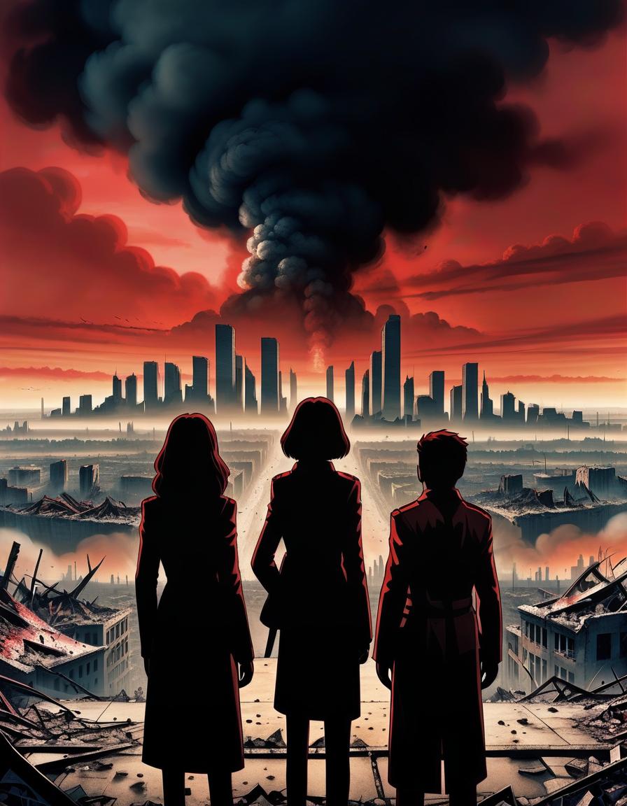  four characters (two women and two men) stand with their backs to the viewer, gazing at a massive, war torn city in the distance. the world is visually divided into two distinct halves: one side represents life before the war, with tall, modern buildings and a peaceful sky; the other side depicts the aftermath, with crumbling ruins, smoke, and a dark red sky. the characters are positioned at the center bottom of the image, facing the horizon where the two halves meet, representing the crossing between two realities. the city stretches far into the distance, emphasizing the vast scale of destruction and survival. the two men are on the left, while the two women are on the right, standing together in solidarity as they prepare to face what li