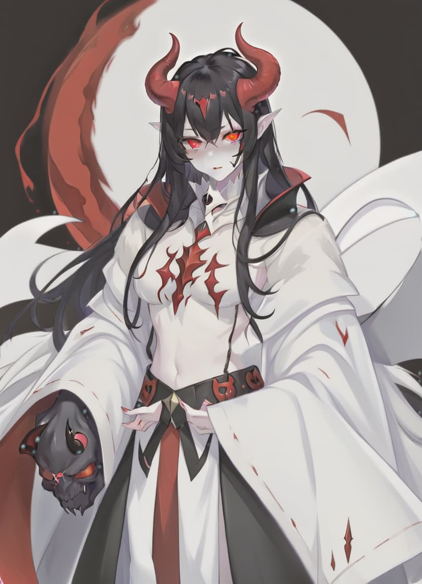  demon woman, white skin, red eyes, black hair, white horns, black clothes, sticker