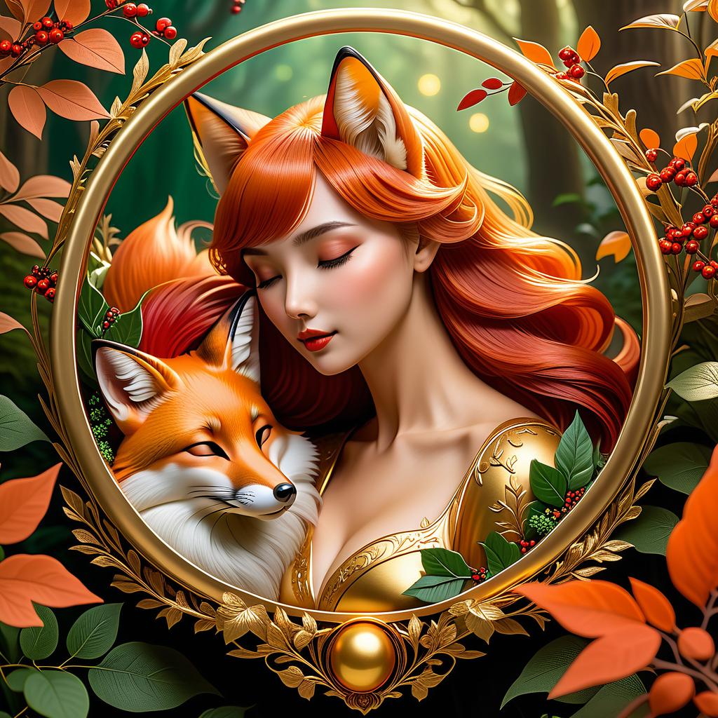  dreamscape (frame):gold round frame decorated with fancy oak leaves and rowan berries. (picture). animalism in fantasy style: little fox sleeping in the arms of big mum fox. appearance of a fox:sweetly sleeping curled up in a ball. (colours):orange, red, white, beige, gold, all shades of green, brown, brown gold. (style):animalism, fantasy, fairy tale, tenderness, kindness, calmness, cartoon . surreal, ethereal, dreamy, mysterious, fantasy, highly detailed, civitai, hkmagic hyperrealistic, full body, detailed clothing, highly detailed, cinematic lighting, stunningly beautiful, intricate, sharp focus, f/1. 8, 85mm, (centered image composition), (professionally color graded), ((bright soft diffused light)), volumetric fog, trending on instagram, trending on tumblr, HDR 4K, 8K