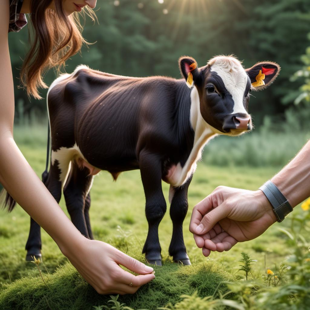  a miniature cow calf being gently held in a person's hand. The scene should focus on the tiny size of the calf compared to the hand, capturing the delicate nature of the calf and the care taken by the person holding it. The background should be soft and blurred to emphasize the main subject. hyperrealistic, full body, detailed clothing, highly detailed, cinematic lighting, stunningly beautiful, intricate, sharp focus, f/1. 8, 85mm, (centered image composition), (professionally color graded), ((bright soft diffused light)), volumetric fog, trending on instagram, trending on tumblr, HDR 4K, 8K