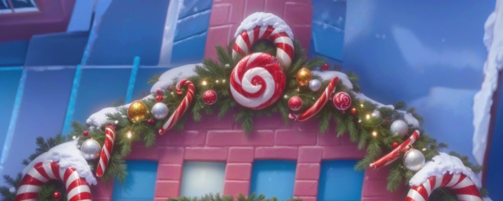  breathtaking an arch made up of candy canes and ornaments, christmas garland with decoration, pine needle and snow on it . award winning, professional, highly detailed, civitai