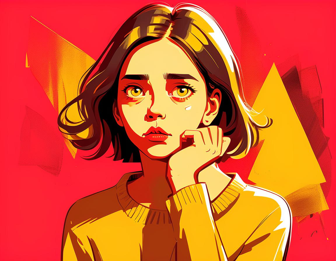  abstract style the girl has a thoughtful surprised face, she stands on a red background in yellow clothes, girl illustration sketch sketch . non representational, colors and shapes, expression of feelings, imaginative, highly detailed