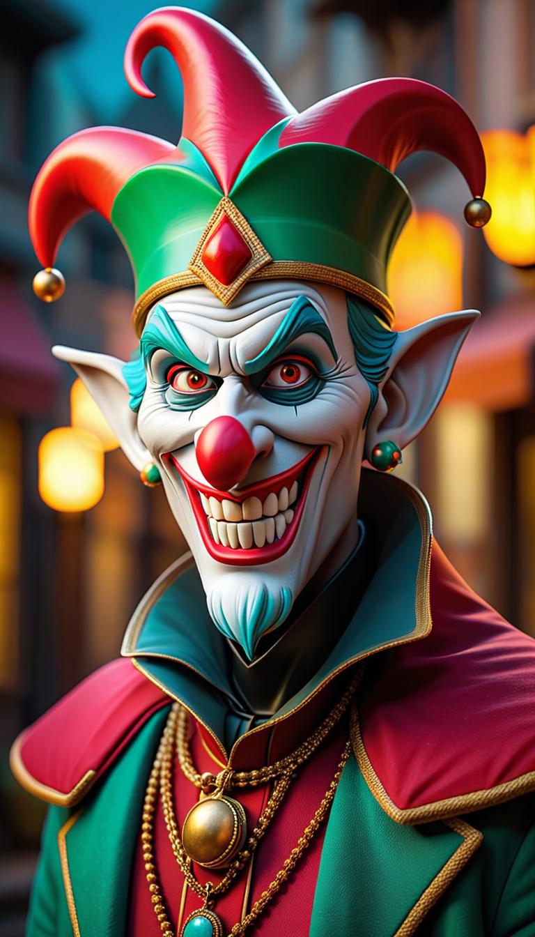  professional 3d model of a sinister jester in a dark carnival. dark, mysterious, scary, haunting, dramatic, ornate, detailed. . rendered with octane, the model is highly detailed,dramatic lighting. hyperrealistic, full body, detailed clothing, highly detailed, cinematic lighting, stunningly beautiful, intricate, sharp focus, f/1. 8, 85mm, (centered image composition), (professionally color graded), ((bright soft diffused light)), volumetric fog, trending on instagram, trending on tumblr, HDR 4K, 8K