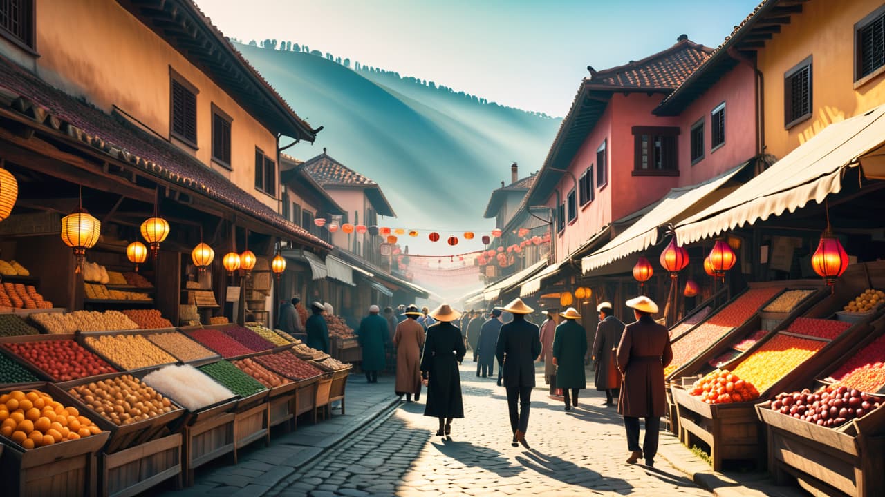  a vibrant scene showcasing a bustling ancient market, traditional architecture, diverse travelers interacting with local artisans, and historical landmarks in the background, all under a bright blue sky, evoking a sense of cultural richness and exploration. hyperrealistic, full body, detailed clothing, highly detailed, cinematic lighting, stunningly beautiful, intricate, sharp focus, f/1. 8, 85mm, (centered image composition), (professionally color graded), ((bright soft diffused light)), volumetric fog, trending on instagram, trending on tumblr, HDR 4K, 8K