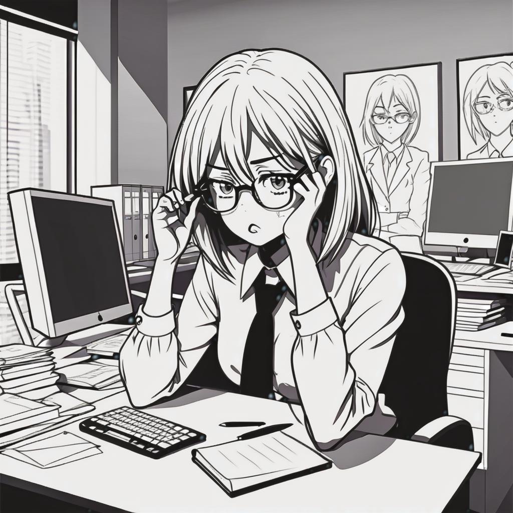  line art drawing boring office girl, same nightmare. anime style . professional, sleek, modern, minimalist, graphic, line art, vector graphics