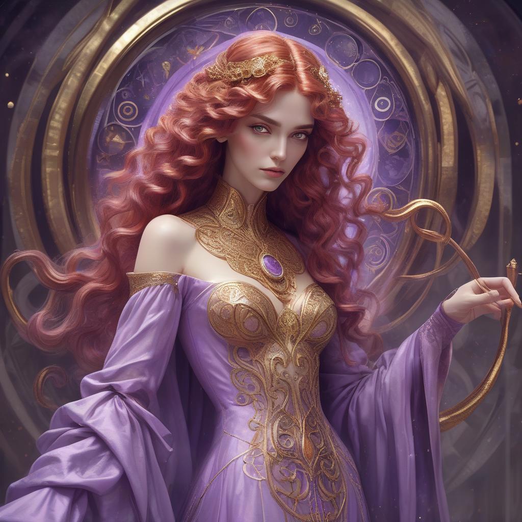  concept art a sorceress of time, long crimson pre raphaelite style hair with curls forming fibonacci spirals, robed in a lavender gown that flows like liquid gold, intricate and luxurious, a vision of beauty that defies the ages. opalescent, pearlescent, prismatic, luminescent, zentangle, filigree, molten gold, masterpiece museum quality, by josephine y this portrait combines the mystique of ancient deities with the grace of modern aesthetics, inviting the viewer into a world where magic reigns supreme. chaos 40 ar 3:4 stylize 800, trending on artstation, sharp focus, studio photo, intricate details, highly detailed, by greg rutkowski . digital artwork, illustrative, painterly, matte painting, highly detailed