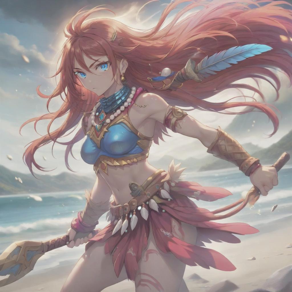  long exposure photo of portrait of strong rage amazonas warrior. blue eye. long red hair. tilting head down, magenta mantle, shoulder pad feather, accessory necklace with pearls on the forehead, by the sea . blurred motion, streaks of light, surreal, dreamy, ghosting effect, highly detailed, sticker, hkmagic