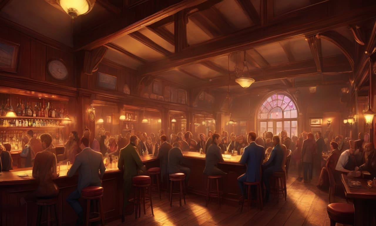  concept art a bustling 20th century pub where rich people party. the interior of the room is expensive and rich . digital artwork, illustrative, painterly, matte painting, highly detailed, perfect hands, on parchment