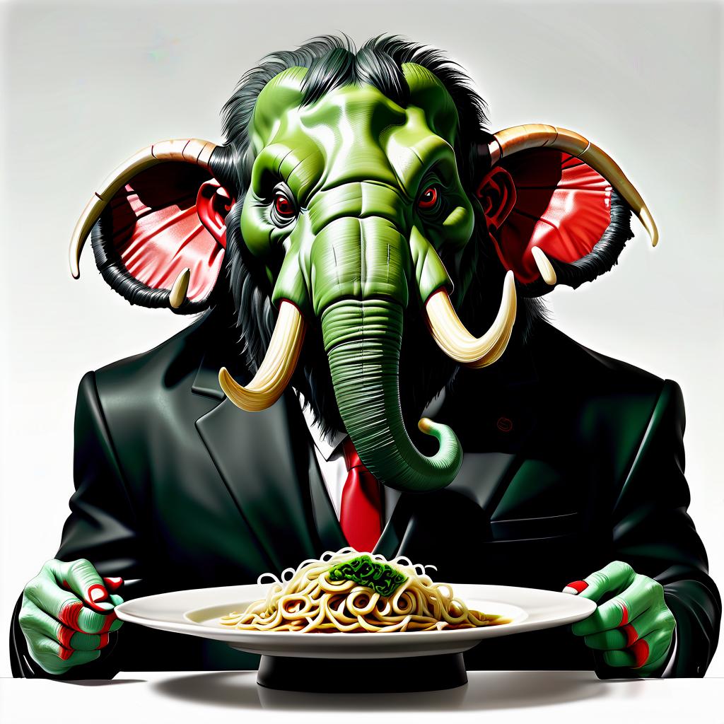  hyperrealistic art an evil green mammoth in a black suit, a red shirt, on a white background with a plate of ramen . extremely high resolution details, photographic, realism pushed to extreme, fine texture, incredibly lifelike, hkmagic