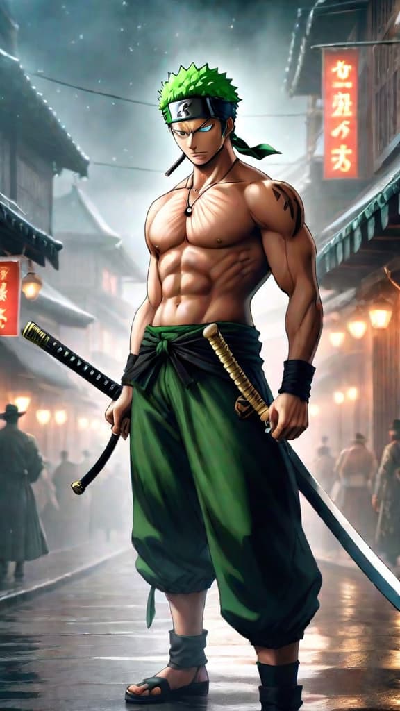  an anime image prompt: zoro from one piece, his mind and body overtaken by the cursed blade sandai kitetsu. hyperrealistic, full body, detailed clothing, highly detailed, cinematic lighting, stunningly beautiful, intricate, sharp focus, f/1. 8, 85mm, (centered image composition), (professionally color graded), ((bright soft diffused light)), volumetric fog, trending on instagram, trending on tumblr, HDR 4K, 8K