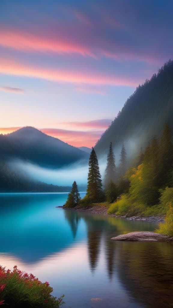  a breathtaking sunrise over a serene mountain lake, with vibrant colors reflecting off the water and mist gently rising