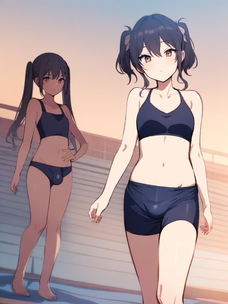  women's elementary students (male), twin tails, cute smiles, (rich s), low stature, dark blue swimwear, old swimwear, , simple (upward), male , (bulge), shaped clear , front , whole body, pool side,