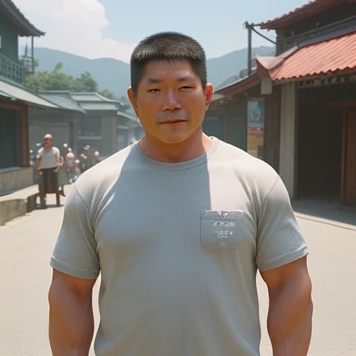  sunshine, short hair, authentic, photography, middle aged man, muscular, strong, asian.