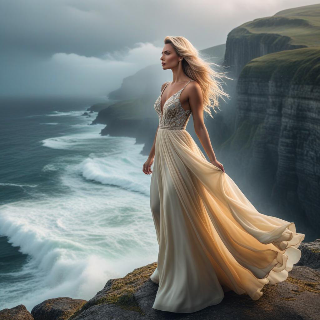  a dramatic image of a blond european woman, her gown fluttering wildly in the storm, as she stands at the edge of a cliff gazing at the tempestuous sea. shot with a canon eos 1d x mark iii and a 14 24mm f/2.8 lens. add 'astravision.ai' text at the bottom right corner. hyperrealistic, full body, detailed clothing, highly detailed, cinematic lighting, stunningly beautiful, intricate, sharp focus, f/1. 8, 85mm, (centered image composition), (professionally color graded), ((bright soft diffused light)), volumetric fog, trending on instagram, trending on tumblr, HDR 4K, 8K