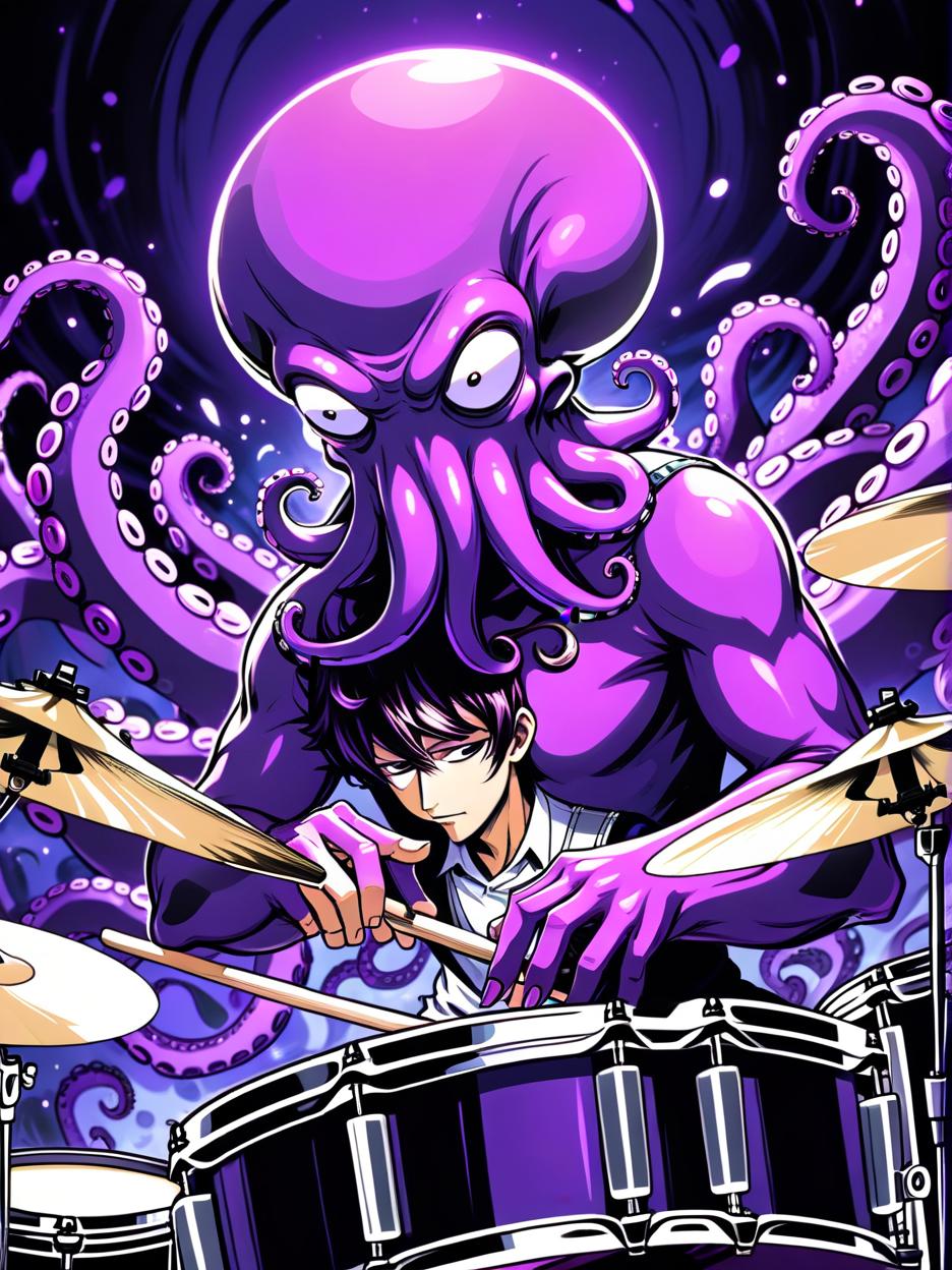  manga artwork trippy purple octopus playing drums tool. manga artist. manga, highly emotional. best quality, high resolution