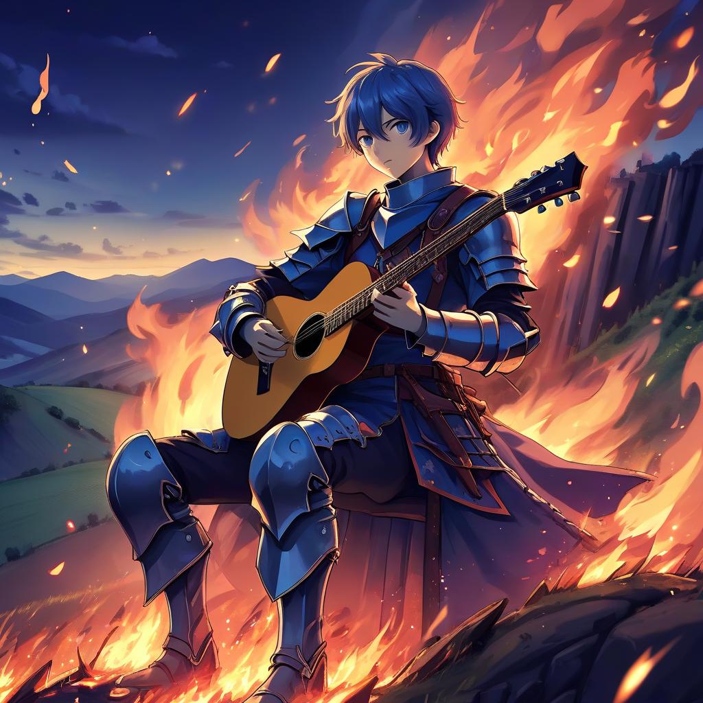  anime artwork the night came down quietly. the fire smolders away knight sings with guitar a field without an edge the echo between the hills fairy tales are born of light sitting knight by the fire it's bright . anime style, key visual, vibrant, studio anime, highly detailed